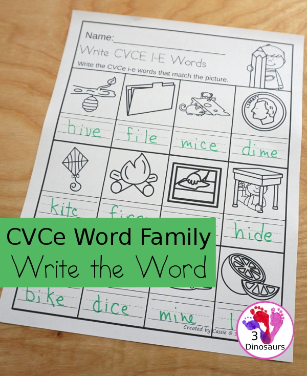 Free CVCe Word Family Write the Words No-Prep Worksheet - 4 no-prep worksheets working CVCe words with a-e, i-e, o-e, and u-e - 3Dinosaurs.com