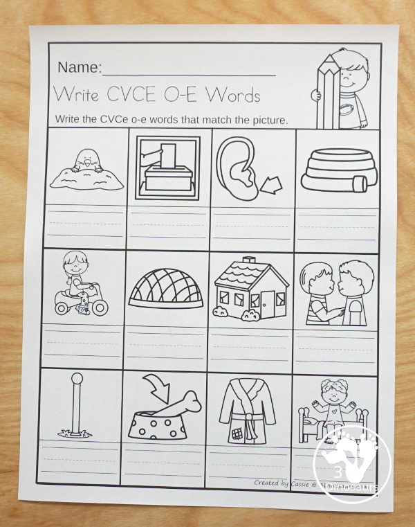 Free CVCe Word Family Write the Words No-Prep Worksheet - 4 no-prep worksheets working CVCe words with a-e, i-e, o-e, and u-e - 3Dinosaurs.com