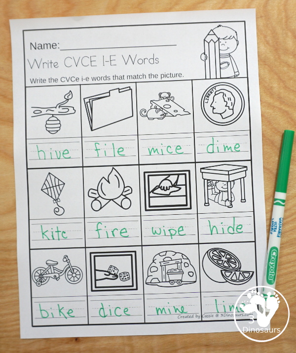 Free CVCe Word Family Write the Words No-Prep Worksheet - 4 no-prep worksheets working CVCe words with a-e, i-e, o-e, and u-e - 3Dinosaurs.com