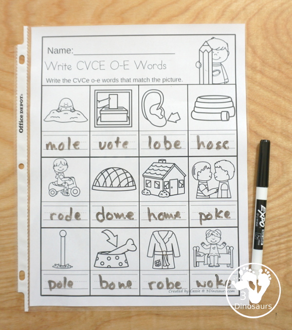 Free CVCe Word Family Write the Words No-Prep Worksheet - 4 no-prep worksheets working CVCe words with a-e, i-e, o-e, and u-e - 3Dinosaurs.com