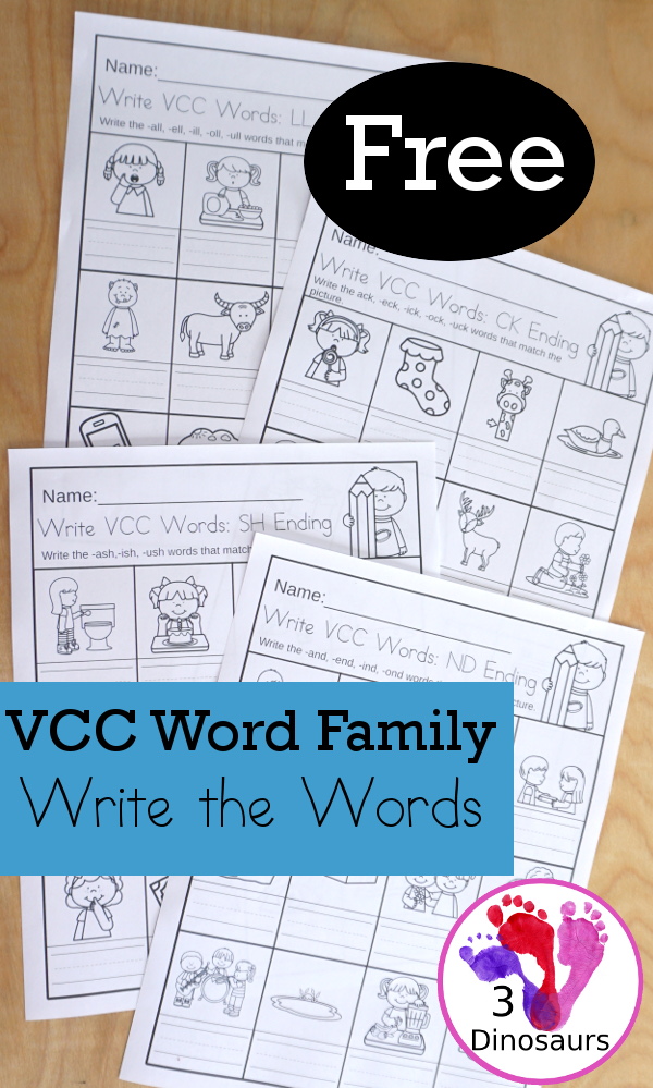 Free CVCC & CCVCC Word Family Write the Words No-Prep Worksheet - 4 worksheets with ll, nd, sh,and ng word endings and each page has one ending per page - 3Dinosaurs.com  #3dinosaurs  #firstgrade #secondgrade #ccvcc #vcc #cvcc #wordfamily #learningtoread #endingblends #freeprintable