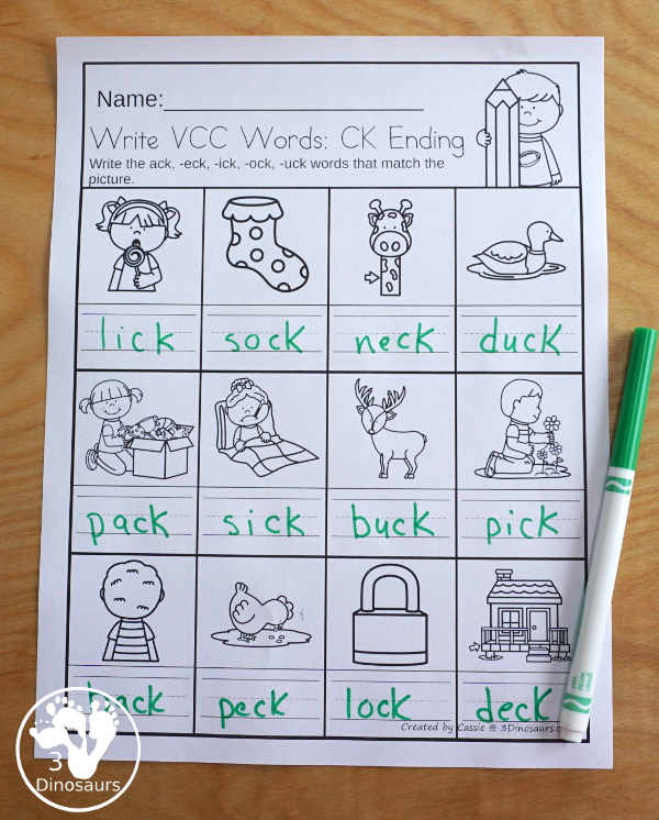 Free CVCC & CCVCC Word Family Write the Words No-Prep Worksheet - 4 worksheets with ll, nd, sh,and ng word endings and each page has one ending per page - 3Dinosaurs.com  #3dinosaurs  #firstgrade #secondgrade #ccvcc #vcc #cvcc #wordfamily #learningtoread #endingblends #freeprintable