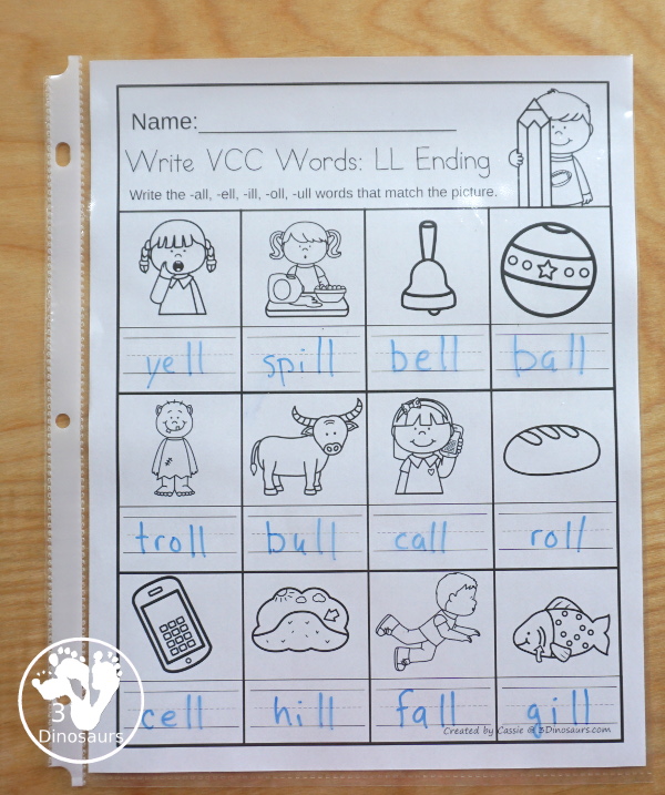 Free CVCC & CCVCC Word Family Write the Words No-Prep Worksheet - 4 worksheets with ll, nd, sh,and ng word endings and each page has one ending per page - 3Dinosaurs.com  #3dinosaurs  #firstgrade #secondgrade #ccvcc #vcc #cvcc #wordfamily #learningtoread #endingblends #freeprintable