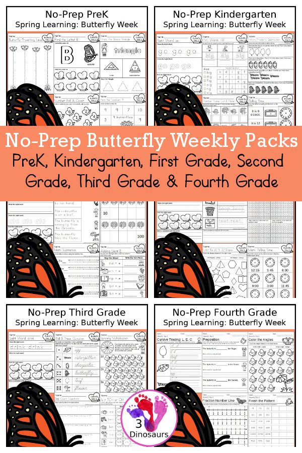 Butterfly No-Prep Weekly Packs PreK, Kindergarten, First Grade, Second Grade, Third Grade & Fourth Grade with 5 days of activities to do for each grade level - You will find math, language, and more - These are easy to use packs for homework, distance learning, early finisher, and morning work. Easy no-prep printables for kids with four pages for each day - 3Dinosaurs.com