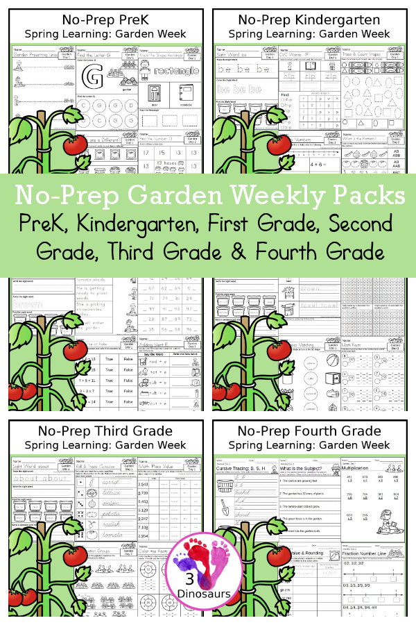 Garden No-Prep Weekly Packs PreK, Kindergarten, First Grade, Second Grade, Third Grade & Fourth Grade with 5 days of activities to do for each grade level - You will find a mix of math, language, and more - These are easy to use packs for summer learning, homework, distance learning, early finisher, and morning work. Easy no-prep printables for kids with four pages for each day - 3Dinosaurs.com