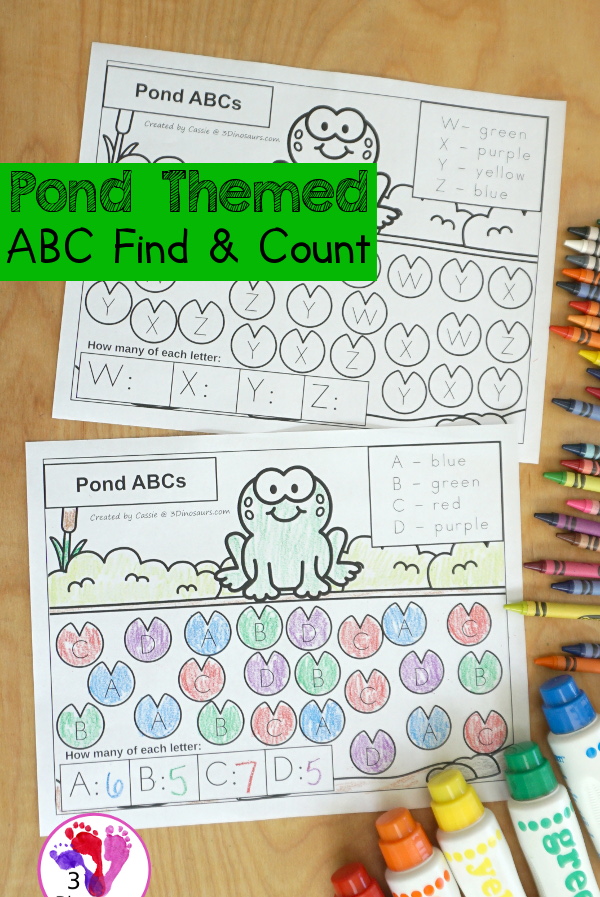 Free Pond ABC Count & Color Printable - this is a great way to work on uppercase ABCs and counting at the same time - 3Dinosaurs.com