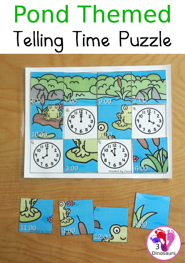 Free Pond Telling Time Puzzle - work on telling time hourly with this fun puzzle - 3Dinosaurs.com