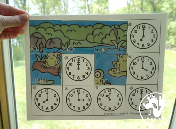 Free Pond Telling Time Puzzle - work on telling time hourly with this fun puzzle - 3Dinosaurs.com