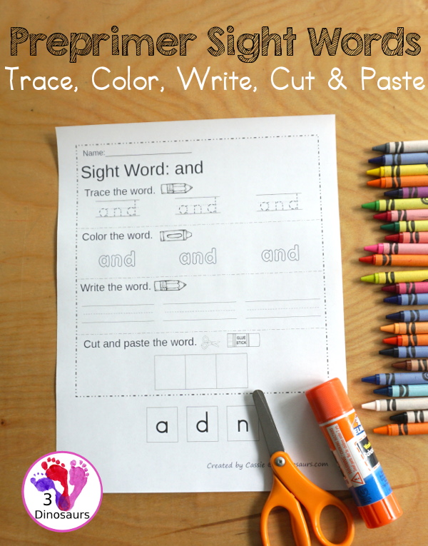 Free Preprimer Sight Word Trace, Color, Write, Cut & Paste - all 40 dolch pre primer sight words in an easy to use worksheet that has trace, coloring, writing, and cut and paste for the sight words - 3Dinosaurs.com