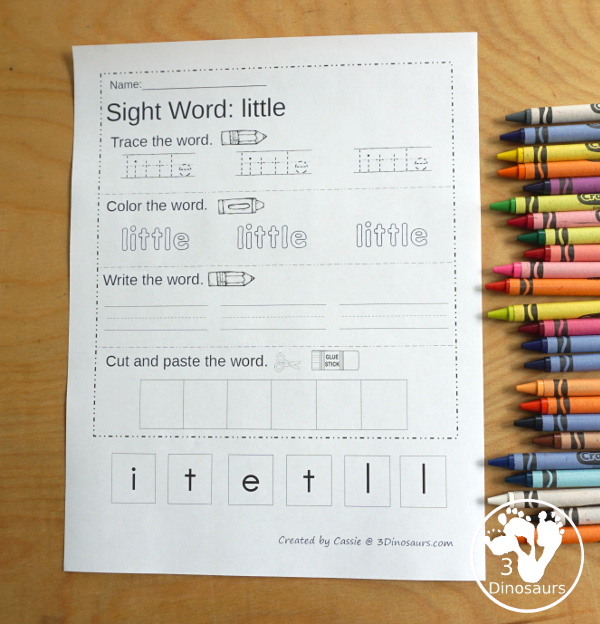 Free Preprimer Sight Word Trace, Color, Write, Cut & Paste - all 40 dolch pre primer sight words in an easy to use worksheet that has trace, coloring, writing, and cut and paste for the sight words - 3Dinosaurs.com