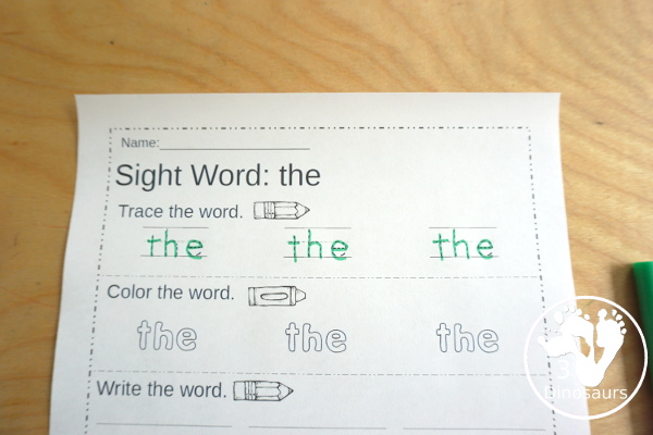 Free Preprimer Sight Word Trace, Color, Write, Cut & Paste - all 40 dolch pre primer sight words in an easy to use worksheet that has trace, coloring, writing, and cut and paste for the sight words - 3Dinosaurs.com