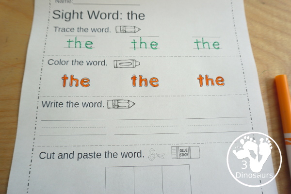 Free Preprimer Sight Word Trace, Color, Write, Cut & Paste - all 40 dolch pre primer sight words in an easy to use worksheet that has trace, coloring, writing, and cut and paste for the sight words - 3Dinosaurs.com