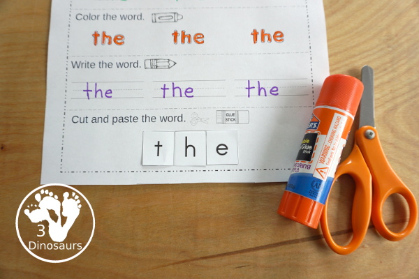 Free Preprimer Sight Word Trace, Color, Write, Cut & Paste - all 40 dolch pre primer sight words in an easy to use worksheet that has trace, coloring, writing, and cut and paste for the sight words - 3Dinosaurs.com