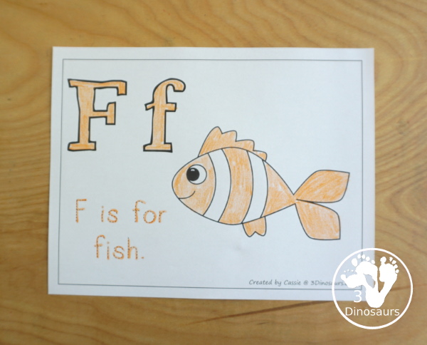 Free Romping & Roaring F Pack Letter Pack: F is for Fish - a letter F pack that has prewriting, finding letters, tracing letters, coloring pages, shapes, puzzles, and more to help kids learn their letter of the alphabet - 3Dinosaurs.com