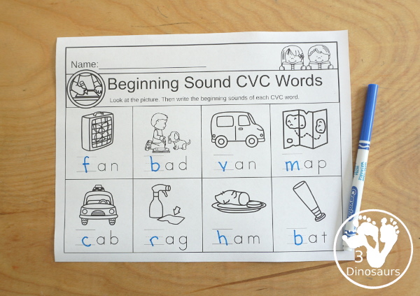 CVC Writing Beginning Sounds of Words with worksheets by short a, short e, short i, short o, short u, and mixed vowel sounds- 3Dinosaurs.com