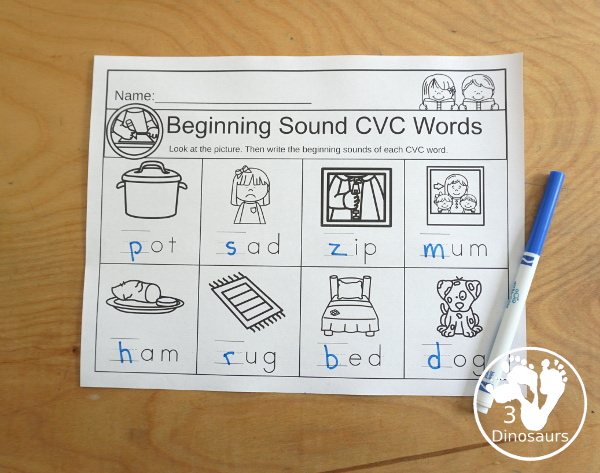 CVC Writing Beginning Sounds of Words with worksheets by short a, short e, short i, short o, short u, and mixed vowel sounds- 3Dinosaurs.com