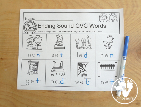 CVC Writing Ending Sounds of Words with worksheets by short a, short e, short i, short o, short u, and mixed vowel sounds- 3Dinosaurs.com