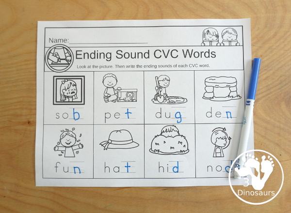 CVC Writing Ending Sounds of Words with worksheets by short a, short e, short i, short o, short u, and mixed vowel sounds- 3Dinosaurs.com