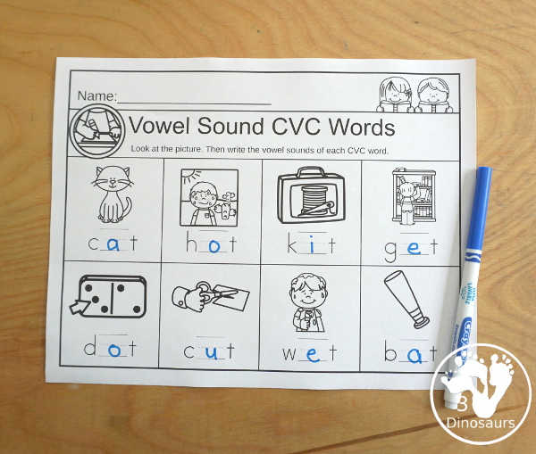 CVC Writing Vowel Sounds of Words with worksheets with the mix of short a, short e, short i, short o, and short u vowels. A great way to work on the middle sound of CVC words. - 3Dinosaurs.com