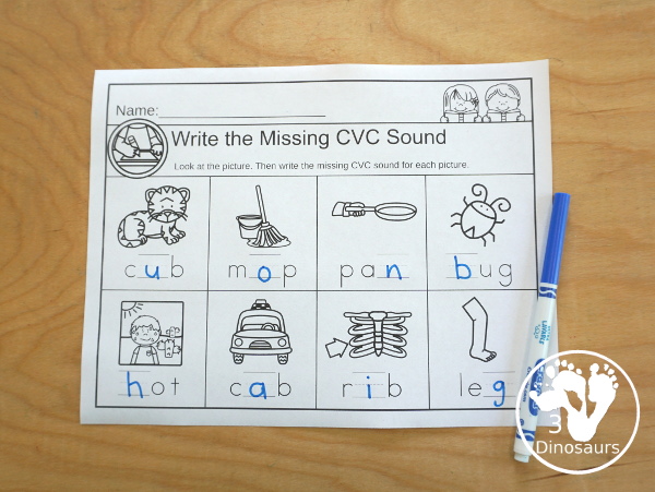 CVC Word Writing with Missing sound with beginning, ending, vowel sounds missing for kids to work on writing CVC words for short a, short e, short i, short o, and short u - 3Dinosaurs.com