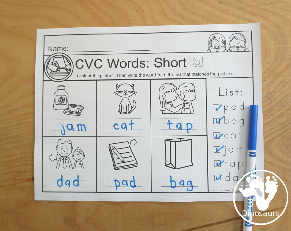 CVC Word Writing with Writing words with list and writing words without lists a great way to work on CVC words for short a, short e, short i, short o, short u, and mixed vowel sounds - 3Dinosaurs.com