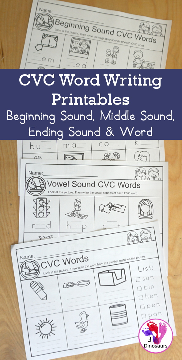 CVC Word Writing Printables - with writing CVC beginning sounds, Writing CVC vowel sounds, Writing CVC ending sounds, and write CVC words with a mix of printables by vowel sounds, and mixed cvc sounds for a lot of the CVC writing printables. - 3Dinosaurs.com