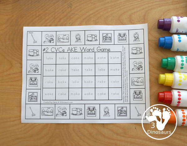 CVCe Word Family Printable Games - with 31 board for kids to work on a mix of CVCe words. All the games are done by word ending - 3Dinosaurs.com