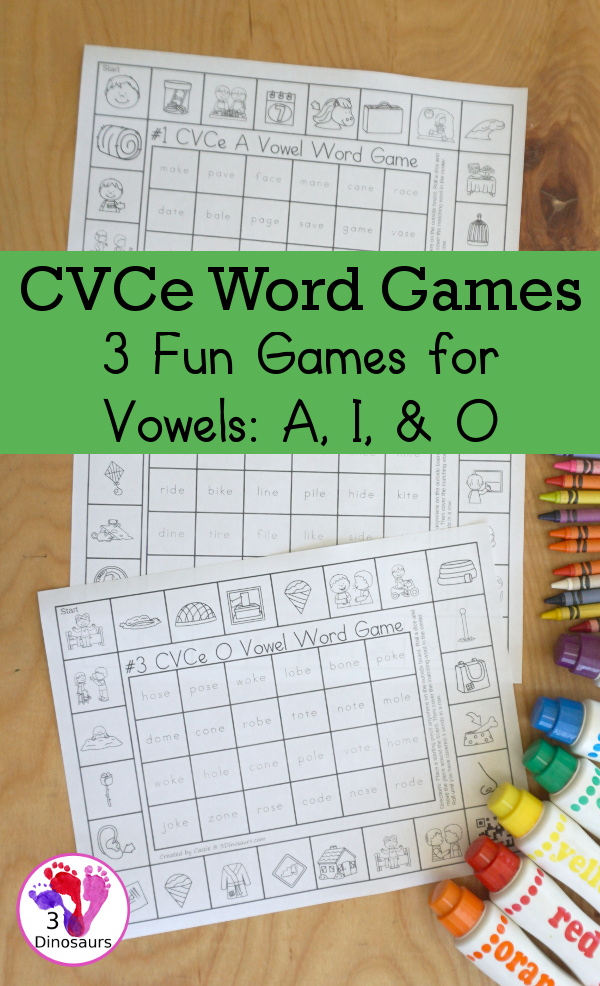 Free CVCe Word Printable Games – 3 Fun Games with a mix of games by long vowel sound with lots of CVCe words and pictures to play the games - 3Dinosaurs.com