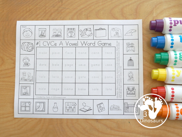 Free CVCe Word Printable Games – 3 Fun Games with a mix of games by long vowel sound with lots of CVCe words and pictures to play the games - 3Dinosaurs.com