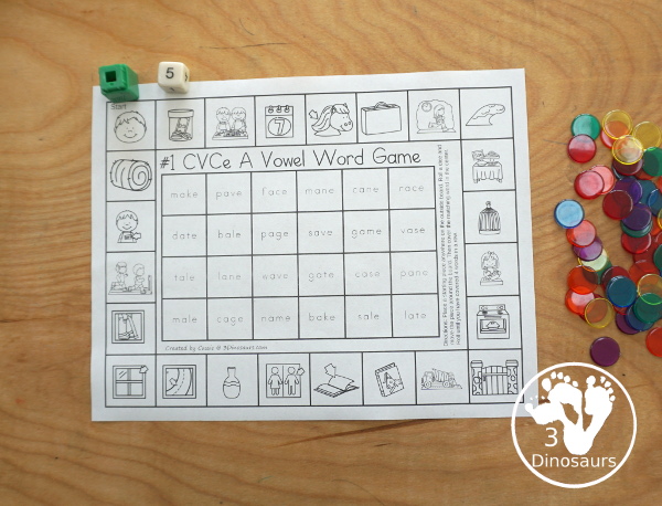 Free CVCe Word Printable Games – 3 Fun Games with a mix of games by long vowel sound with lots of CVCe words and pictures to play the games - 3Dinosaurs.com