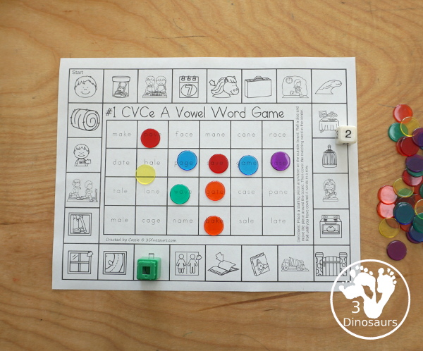 Free CVCe Word Printable Games – 3 Fun Games with a mix of games by long vowel sound with lots of CVCe words and pictures to play the games - 3Dinosaurs.com