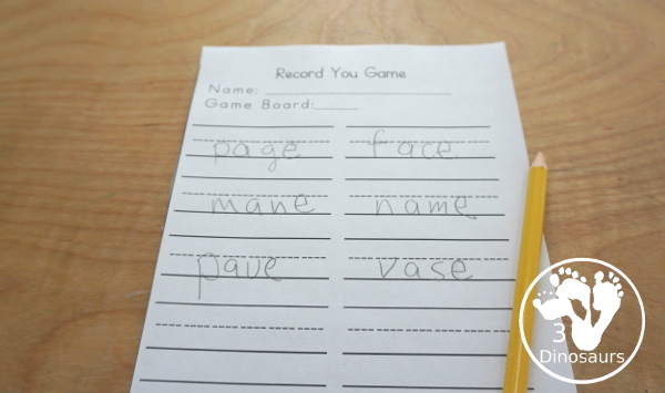 Free CVCe Word Printable Games – 3 Fun Games with a mix of games by long vowel sound with lots of CVCe words and pictures to play the games - 3Dinosaurs.com