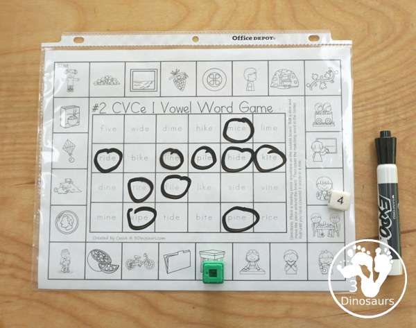 Free CVCe Word Printable Games – 3 Fun Games with a mix of games by long vowel sound with lots of CVCe words and pictures to play the games - 3Dinosaurs.com