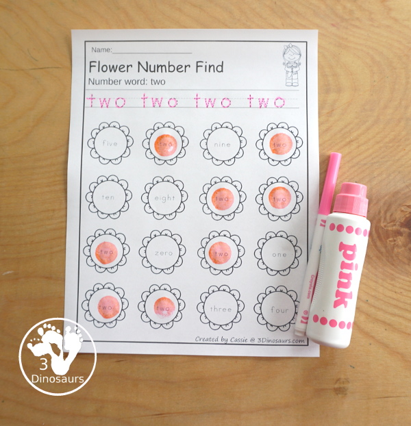 Flower Number Find Printable  - easy to use no-prep number printable. It works on numerical numbers and number words by tracing and finding the numbers. - 3Dinosaurs.com