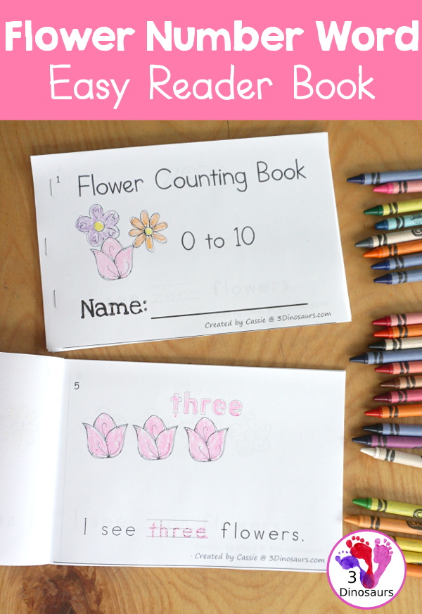 Free Flower Number Word Counting Book Printable - with counting from 0 to 10 with color and tracing the number word on each page - 3Dinosaurs.com