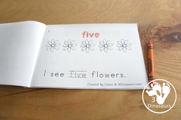 Free Flower Number Word Counting Book Printable - with counting from 0 to 10 with color and tracing the number word on each page - 3Dinosaurs.com