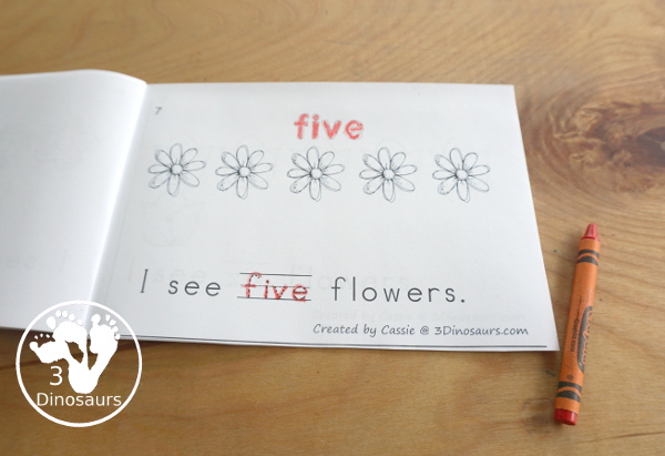 Free Flower Number Word Counting Book Printable - with counting from 0 to 10 with color and tracing the number word on each page - 3Dinosaurs.com