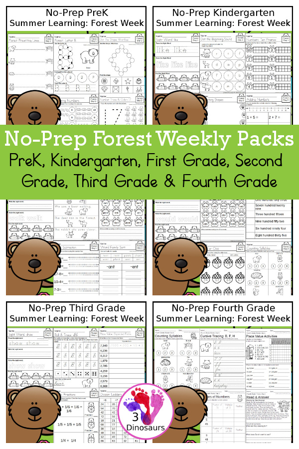 Forest No-Prep Weekly Packs PreK, Kindergarten, First Grade, Second Grade, Third Grade & Fourth Grade with 5 days of activities to do for each grade level With loads of forest and forest animal themes - You will find a mix of math, language, and more - These are easy to use packs for summer learning, homework, early finisher, and morning work. Easy no-prep printables for kids with four pages for each day - 3Dinosaurs.com