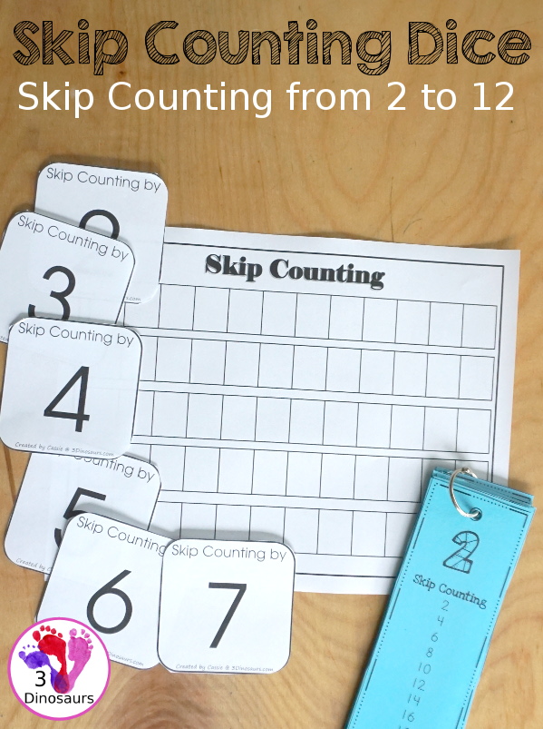 Free Skip Counting Dice - with 11 skip counting dice inserts for 2 to 12 skip counting with three recording sheets - you have skip counting dice inserts or folding dice options. There are 7 pages of printables - 3Dinosaurs.com