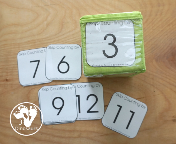 Free Skip Counting Dice Printable- with 11 skip counting dice inserts for 2 to 12 skip counting with three recording sheets - 3Dinosaurs.com