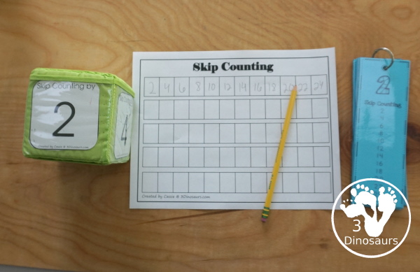 Free Skip Counting Dice Printable- with 11 skip counting dice inserts for 2 to 12 skip counting with three recording sheets - 3Dinosaurs.com