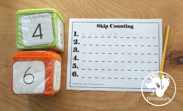 Free Skip Counting Dice Printable- with 11 skip counting dice inserts for 2 to 12 skip counting with three recording sheets - 3Dinosaurs.com