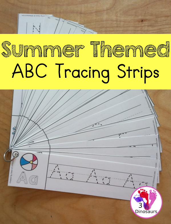 Free Summer ABC Tracing Strips - with uppercase and lowercase together. You have fun kids with a summer items plus you can see an example of how to trace the letters - 3Dinosaurs.com