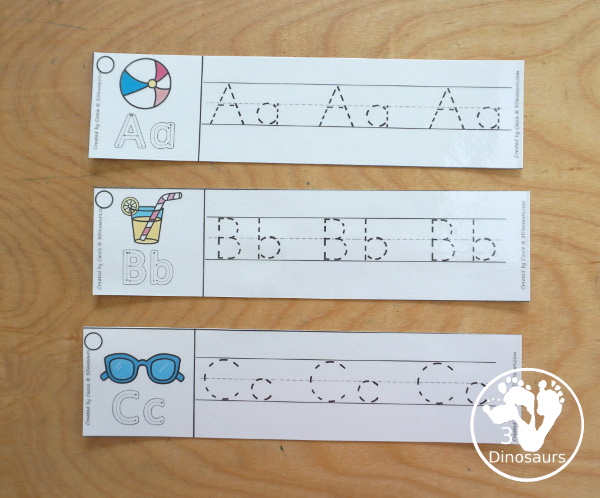 Free Summer ABC Tracing Strips - with uppercase and lowercase together. You have fun kids with a summer items plus you can see an example of how to trace the letters - 3Dinosaurs.com