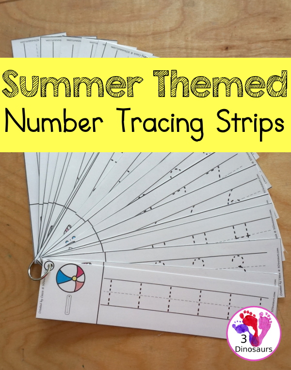 Free Summer Number Tracing Strips Printable - with numbers 0 to 20. With summer themes and examples of how to trace the numbers and numbers to trace. - 3Dinosaurs.com