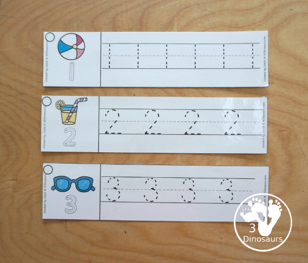 Free Summer Number Tracing Strips Printable - with numbers 0 to 20. With summer themes and examples of how to trace the numbers and numbers to trace. - 3Dinosaurs.com