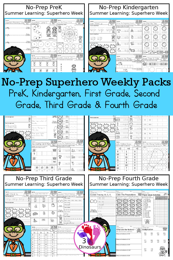 Superhero No-Prep Weekly Packs PreK, Kindergarten, First Grade, Second Grade, Third Grade & Fourth Grade with 5 days of activities to do for each grade level With loads of different superhero themes - You will find a mix of math, language, and more - These are easy to use packs for summer learning, homework, early finisher, and morning work. Easy no-prep printables for kids with four pages for each day - 3Dinosaurs.com