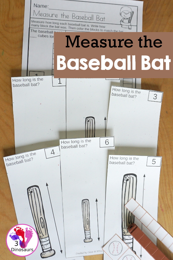 Free Measure the Baseball Bat with 6 measuring bats cards and 1 measuring recording worksheet for kids. Great for first grade and kindergarten - 3Dinosaurs.com