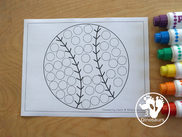 Free Baseball Fine Motor Mats - with a baseball template, baseball tracing, baseball circle playdough mat, and baseball dot marker printable - 3Dinosaurs.com