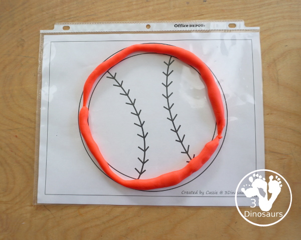 Free Baseball Fine Motor Mats - with a baseball template, baseball tracing, baseball circle playdough mat, and baseball dot marker printable - 3Dinosaurs.com